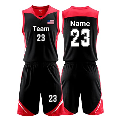 Custom Basketball Jersey and Shorts for Kid Adult Personalized Basketball Jerseys with Name Number Team Logo (Black red)