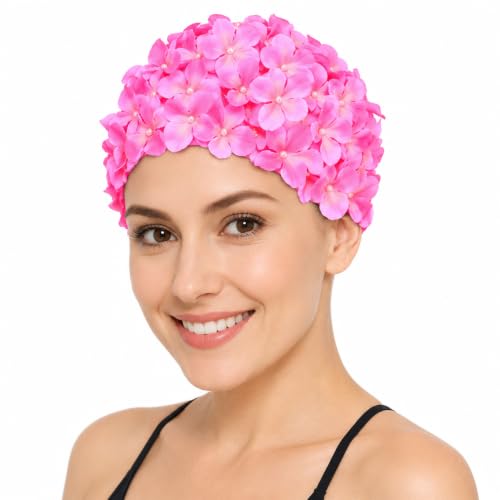 Image of Housoutil Flower Swimming Caps, Floral Swim Cap Women, Vintage Flower Swimming Hat with Handcrafted Petals, Soft Fabric Breathable Bathing Hat for Pool Spa Accessorizing (Pink)