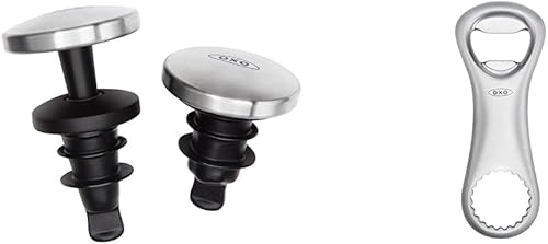 OXO Tapones de vino expandibles de acero (2 unidades) y abridor de botellas