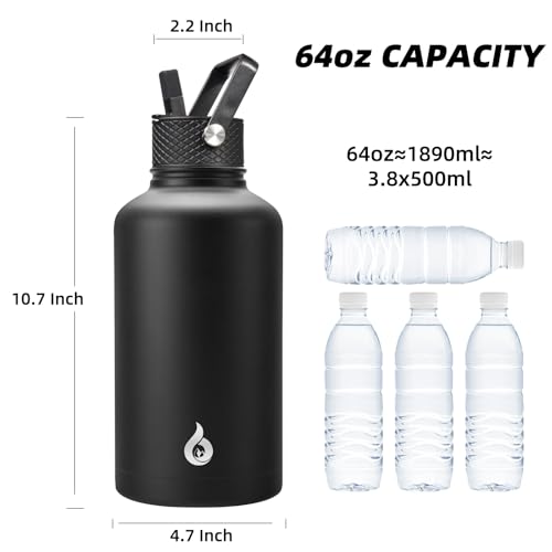 BJPKPK Half Gallon Insulated Water Bottles with Straw Lid, 64oz Large Water Jug, Stainless Steel Bottles with 3 Lids and Paracord Handle, Thermo for Hot & Cold Liquid, Black - Image 5