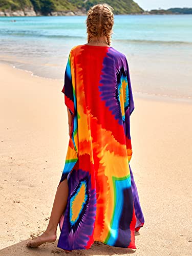 Image of sunforyou Kaftan Dresses for Women Plus Size Lightweight Swimsuit Cover up Batwing Sleeve Print Loungewear Beach Robe