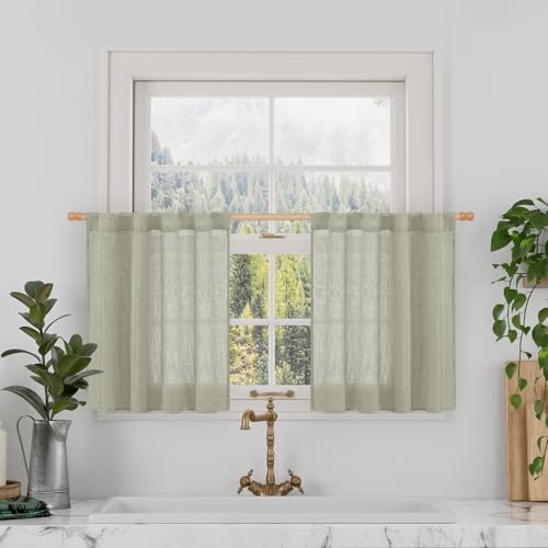 LAMIT Sage Grey Linen Curtains 24 Inch Length for Cafe, Semi Sheer Light Filtering Panels Back Tab and Rod Pocket Small Window Drapes for Basement, 2 Panels, 34 x 24 Inch