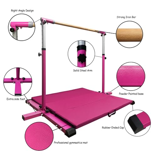 GLANT Gymnastic Kip Bar,Horizontal Bar for Kids Girls Junior,3' to 5' Adjustable Height,Home Gym Equipment,Ideal for Indoor and Home Training,1-4 Levels,300lbs Weight Capacity (Pink MAT) - Thumbnail 4