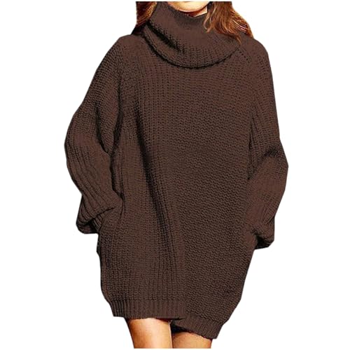 Image of NSICBMNO Brown Long Jumpers for Women UK Oversized Jumper with Pockets Chunky Knit Sweaters Roll Neck Jumpers Long Sleeve Tunic Tops Longline Sweatshirts Baggy Sweaters Pullover Jumper Dress