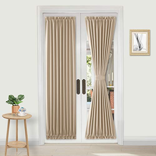 DWCN French Door Curtains – Rod Pocket Thermal Curtain for Doors with Glass Window, Kitchen and Patio Doors for Privacy, 36 X 72 Inches Long, 1 Curtain Panel with Tieback,Beige