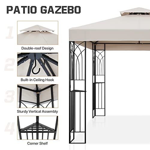 Coos Bay 8X8 Outdoor Patio Gazebo With Corner Shelves, Two-Tiered Soft Top Canopy For Backyard, Lawn, Deck And Garden, Beige #TOP1