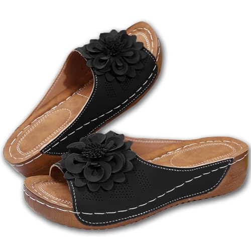 Summer Beach Sandals for Women Comfortable Wedge Sandals Leather Open Toe Slides with Arch Support Ladies Dressy Flower Flat Platform Sandals for Casual Walking Outdoor Wear