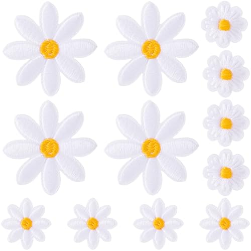 PAGOW 12 PCS Flower Iron on Patches, White Daisy Applique Patch for Clothes, Sew On Embroidered Floral Applique for Bags, Jeans, Shirts (3 Sizes)