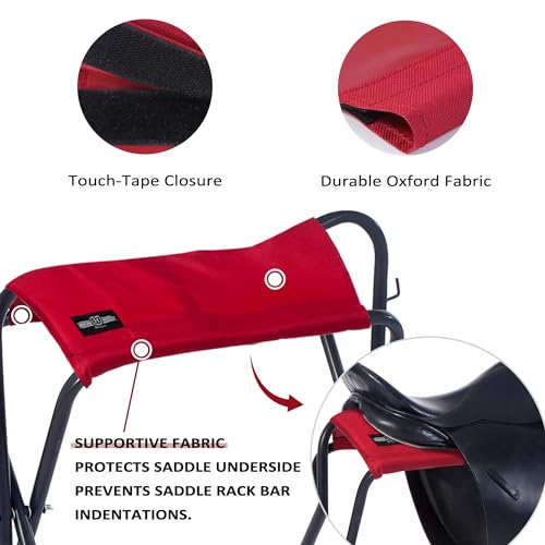 Image of Harrison Howard Saddle Stand Freestanding Full-Size Portable Floor Horse Saddle Rack with Supportive Fabric to Prevent Possible Slippage Secure Saddle Red
