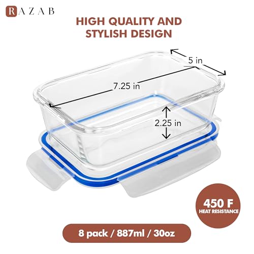 Image of Razab 16 Pc (Set of 8) 30 Oz Glass Meal Prep Containers with Lids, Airtight Large Glass Food Storage Containers, Reusable Leak Proof BPA Free, Freezer to Oven and Dishwasher Safe