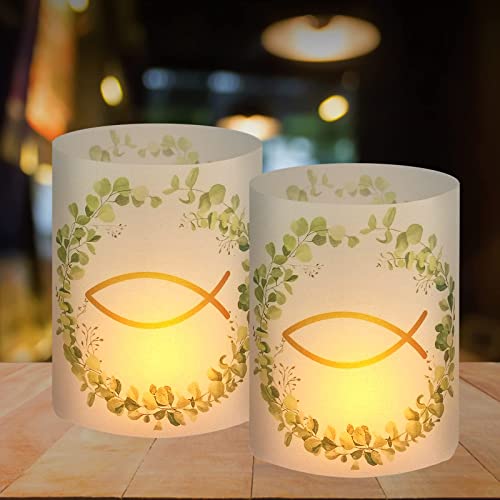 16 portavelas decoración de mesa bautizo, confirmación, comunión, cumpleaños, boda, decoración de primera comunión, niña, niño, pez, eucalipto, adecuado para velas de té o velas LED