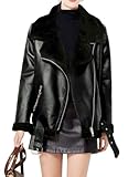 CHARTOU Women Faux Leather Jacket Fur Lined Winter Coat Warm Zip Up Notched Collar Moto Bomber Jacket (Large,Black Fur)