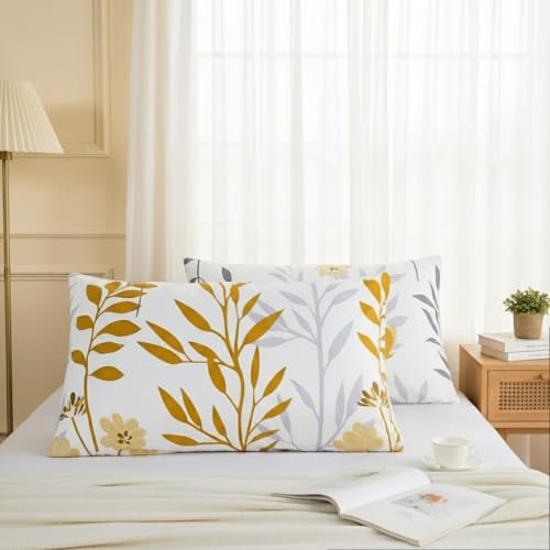 Cozaline Standard Size Pillowcases Set of 2, 100% Cotton Pillow Cases, Yellow Floral Print, Soft Breathable Envelope Closure Pillow Covers(Standard, 20"x26")