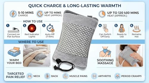 Image of Hot Water Bag Heating Bag Gel hot Water Bag hot bags for pain relief hot water bags electric hot pack heat pad electric for pain relief electric heating pad for back pain Men & Women with Charging Cord (Multicolour)