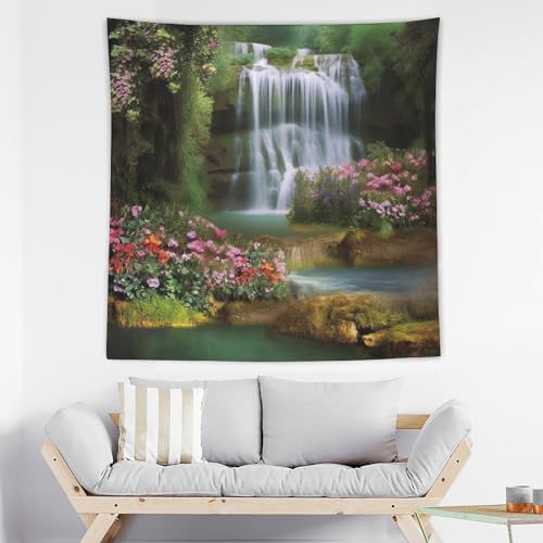 Tapisserie murale cascades et fleurs en tissu polyester haute densité pour salon