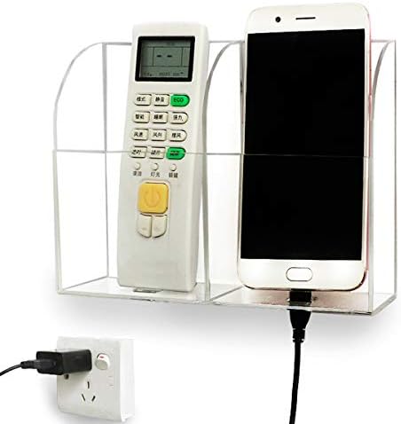 Yoillione TV Remote Holder Wall Mounted Remote Control Organiser,Acrylic 2 Remote Control Holder Wall Mounted Support Phone Charging,TV Remote Control Storage Box for Air Conditioner(2 Compartments)