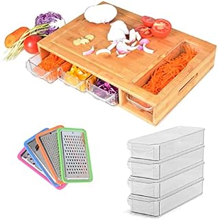 Blake's 100% Natural Bamboo Full Meal Prep Chopping Cutting Board with 4 Storage Drawer Trays with lids and 4 Style of Graters Cutting Board Organiser for Salad Fruit Vegetables Cheese Meat Fish
