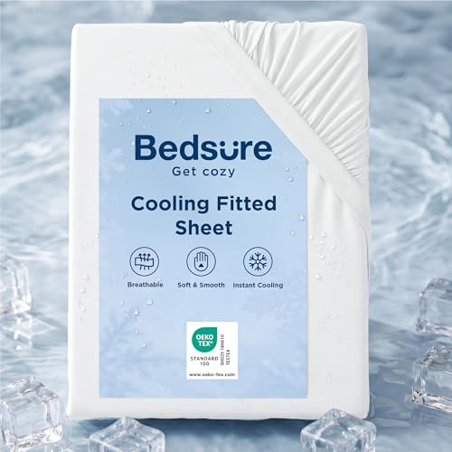 Bedsure Double Cooling Fitted Sheet Soft Breathable Deep Pocket Bed Sheet Cool to Touch Wrinkle Resistant White