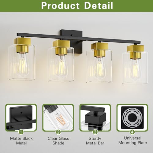 Image of 4 Light Bathroom Vanity Light - Black and Brushed Gold Bathroom Light Fixtures UL Certification, Square Light Fixture Over Mirror, Farmhouse Light Fixtures for Bathroom & Bedroom
