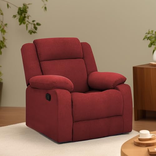 Image of Kayro Comfy Fabric | 1 Seater Recliner Sofa, Premium Fabric Upholstery, Soft Padded Body with Comfortable Cushions, Manual Recliner Chair for Living Room & Home Relaxation | Maroon