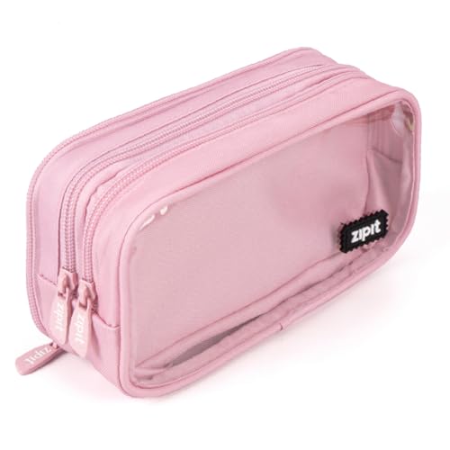 Image of ZIPIT Half & Half Pencil Case for Girls, Aesthetic 3 Compartment Zipper Pouch for School, Stationery Bag for Teen and Adults, Pink
