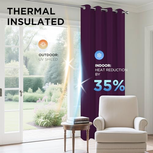 Image of Joydeco Blackout Curtains for Bedroom 46 x 54 Inch, Eyelet Thermal Insulated Energy-saving Drapes for Room Darkening Light Filtering, Short Window Treatments 54 Inch Drop, 2 Panels - Dark Purple