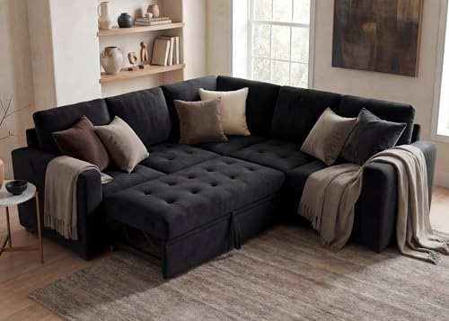 Image of HONBAY Modular Sectional Sofa with Pull Out Bed Velvet Convertible L Shaped Couch with Storage Seat Sleeper Sectional Couches for Living Room,Velvet Black
