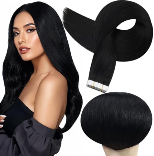 Full Shine Tape In Hair Extensions Human Hair, Jet Black 16 Inch