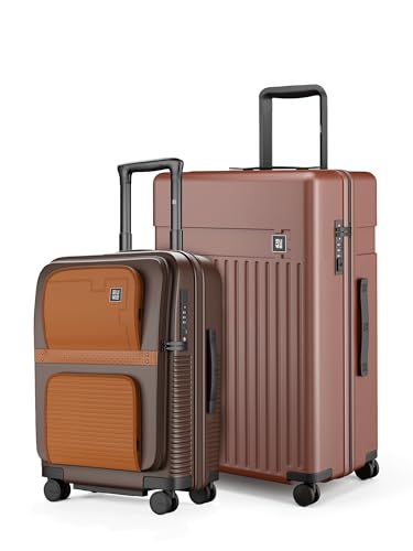 Image of EUME Cabin & Check-in Luggage Combo Set | Aerotop Top Open Cabin Trolley + Classic 75 cm Large Suitcase | Expandable Polycarbonate, TSA Lock, Silent Wheels | Brown