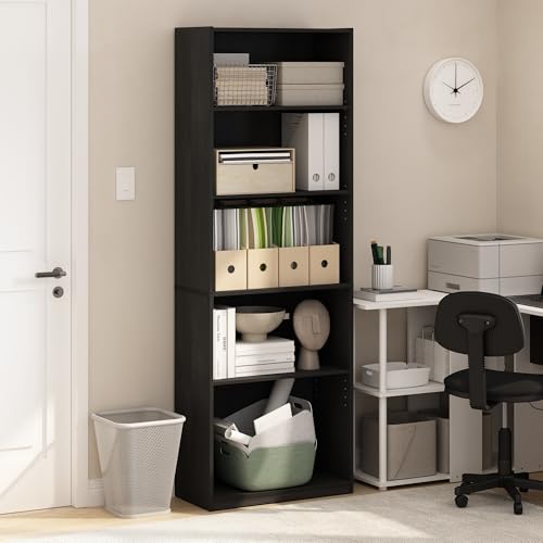 Image of Furinno GEHRY Book Shelf, 5-Tier Bookshelf with Open Shelf, Standing Bookcase with Adjustable Shelves, 11.6 x 24.8 x 71.4, for Living Room, Bedroom, Home Office, Blackwood