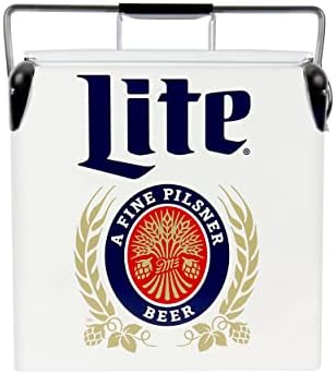 Miller Lite Retro Ice Chest Cooler with Bottle Opener 13L (14 qt), 18 Can Capacity, Blue and Red, Vintage Style Ice Bucket for Camping, Beach, Picnic, RV, BBQs, Tailgating, Fishing
