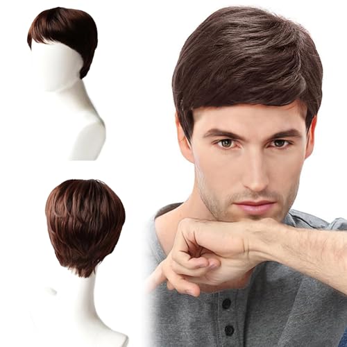 ZXTGBQ Parrucca Uomo Capelli Veri, Parrucca Nero da Uomo Corta Sintetica Maschile a Onde Naturali a Strati Corti per Halloween Rockstar Carnevale Festa a Tema Cosplay Uso Quotidiano (Marrone)