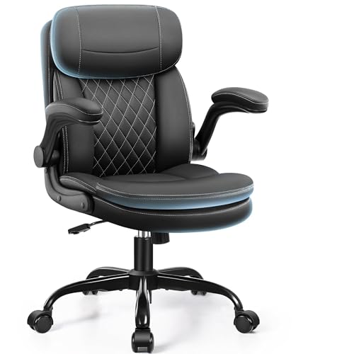 Leather Office Chair, Upgraded PU Computer Desk Chairs with Double-Layer Seat Cushion and Neckrest, 360°Swivel, Ergonomic Small Gaming Chair with Wheels and Adjustable Armrests for Short People, Black