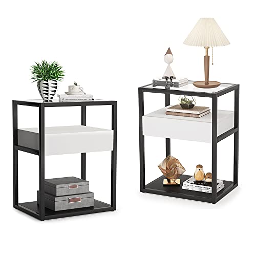 Tribesigns Set of 2 Nightstand, Modern Simple Style Tall Side Table End Table with Drawer and Shelf, Tempered Glass Bedside Table, Metal Frame, 19.6”X15.7”X27.5” (Black and White) Tribesigns Set of 2 Nightstand, Modern Simple Style Tall Side Table End Table with Drawer and Shelf, Tempered Glass Bedside Table, Metal Frame, 19.6”X15.7”X27.5” (Black and White)
