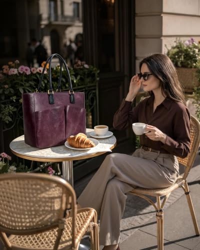 Image of Laptop Tote Bag for Women, Leather Work Tote with Padded Laptop Compartment, Cup Holder, Office Computer Briefcase