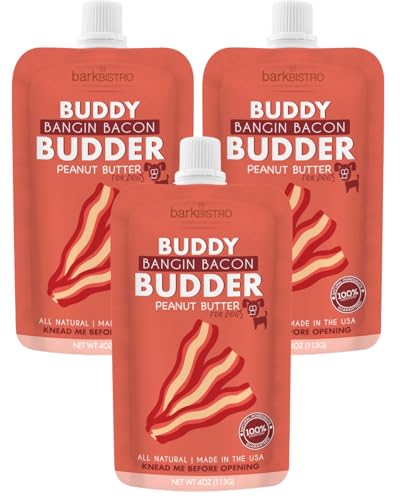 BUDDY BUDDER Bangin Bacon Peanut Butter for Dogs 3 Pack 4oz Squeeze Packs