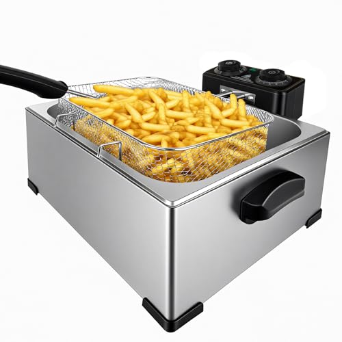 5L Deep Fat Fryer, Stainless Steel | Adjustable Temperature 150–190°C | Removable Oil Container | Viewing Window Lid | 2000W Electric Fryer for Chips, Chicken, Seafood & More