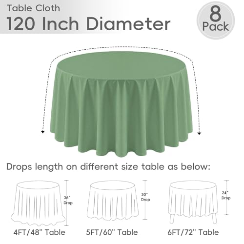 8 Pack Sage Green Round Tablecloth 120 Inch Cloth Tablecloth for Round Tables, Washable Polyester Table Cloth Stain and Wrinkle Resistant Decorative Table Cover for Wedding Party Dining Banquet by RestfulGlow - Used condition - Image 3
