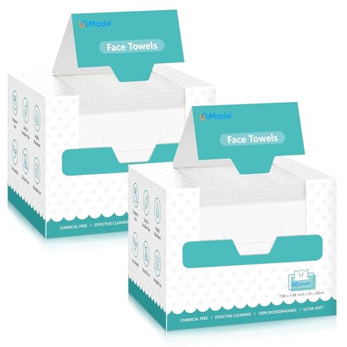 UNIMADE Face Towels, 100 Count Disposable Face Towelette for Washing Face, Skincare, Ultra Soft Facial Towel for Sensitive Skin, Lint-free Makeup Remover Dry Wipes - 2 Box
