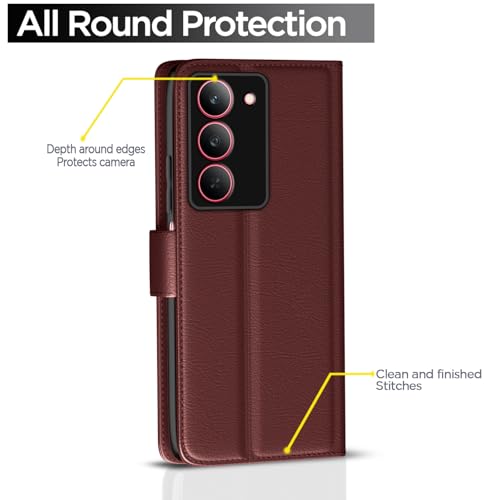 Image of Pikkme Flip Cover Leather Finish | Inside TPU with Card Pockets | Wallet Stand and Shock Proof | Complete Protection Button Flip Case for Realme Narzo 80x 5G / Realme P3x 5G / Realme 14X 5G (Brown)