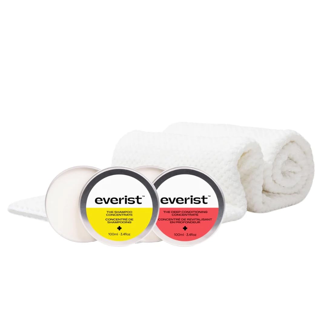 Everist The Healthy Hair Starter Kit Tins: The Shampoo and The Deep Conditioner Concentrate Tins 3.4 fl oz, The Quick-Dry Hair Towel, 50+ uses