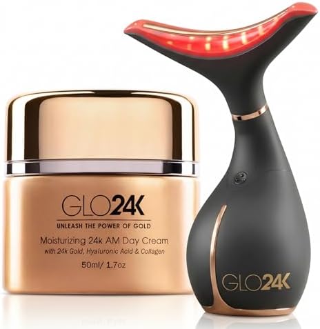 GLO24K Red Light Facial Massager with 24K Gold Face Cream - Face and Neck LED Beauty Wand, 3-in-1 Vibration Beauty Tool & Moisturizing Cream for Smoother, Firmer-Looking Skin