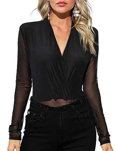 Tuopuda Damen Dessous Body V-Ausschnitt Babydoll, Spitze Bodysuit Netz Bluse Top, Reizwäsche Negligee Langarm Unterwäsche Lingerie Party Rave...