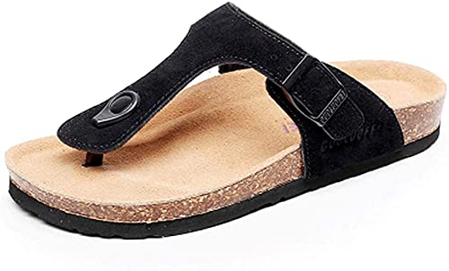 Image of Asifn Women's Slide Men's Cork footbed Sandal Flat Adjustable Leather Strap Buckle Casual Open Toe Shoes Suede Flip-flops Summer(Black,10/10.5 UK,44 Brand size