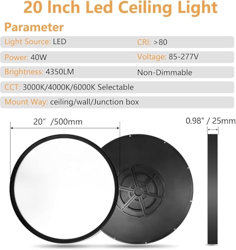 20 Inch LED Flush Mount Ceiling Light, 40W, 4350LM, 3000K/4000K/6000K CCT Selectable Super Slim Round Flat Panel Light for Living Room, Kitchen, Black 2PK by OFFIY - Image 6