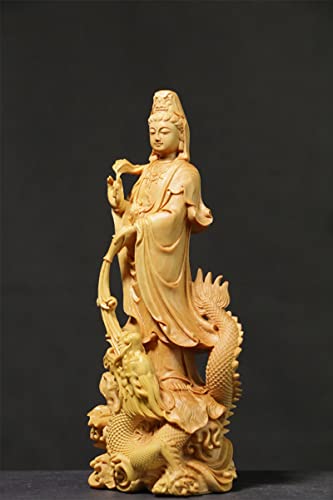 Quan Yin Statue Standing On Dragon,Kwan Yin Mercy Goddess Chinese Feng Shui Sculpture Hand Carved Boxwood Female Buddha Buddhist Decoration #TOP5