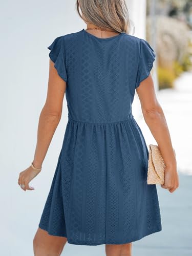 CUPSHE Robe d'été décontractée pour femme, col en V, appliques en dentelle, manches courtes, mini robe de plage, bleu marine, Taille M – vue 3