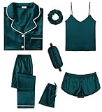 SWOMOG Womens 7pcs Silk Satin Pyjama Set Short Sleeve Button Down Shirt Camisole Shorts Pants Pjs Set Eye Mask with Silky Hair Band Deep Green Large