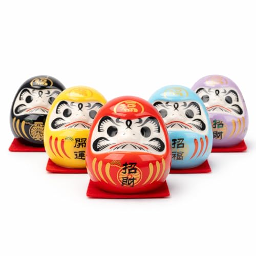 kcrygogo Red Base Daruma Doll Set of 5 Ceramic Daruma Figurines for Desk & Shelf Decor Cute Japanese Daruma Decor Gift Set Symbolic Prosperity Good Fortune Peace New Beginnings & Victory