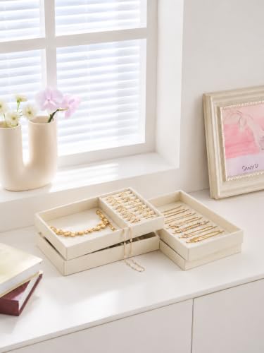Image of ProCase Stackable Jewelry Organizer Trays for Drawers, Jewelry Drawer Inserts Container Display Case Storage for Earring Necklace Rings Bracelet with Removable Dividers -Beige, 4 Layers